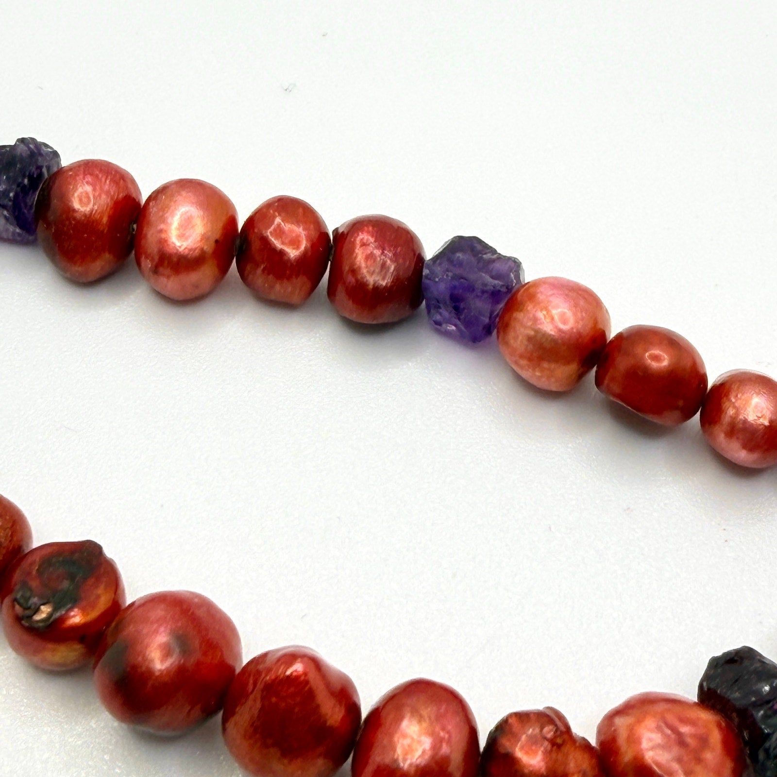 Vintage 90s Red Copper Freshwater Pearl Amethyst Boho Statement Necklace