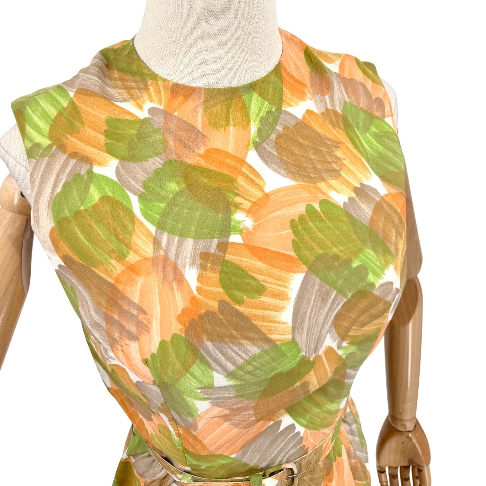 Vintage 60s Green Orange Brush Stroke Shift Garden Party Midi Pencil Dress