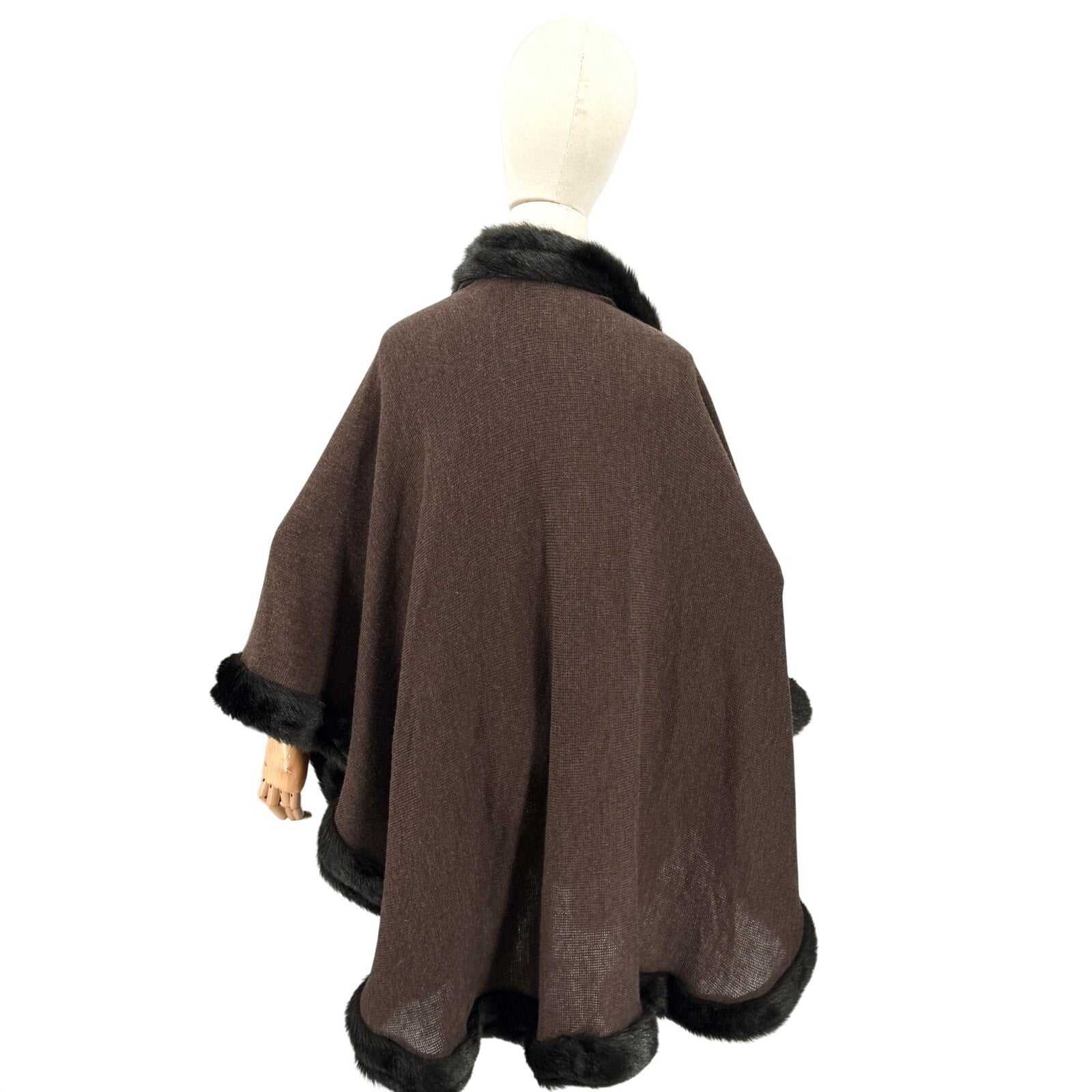 Vintage Y2K Brown Faux Fur Trim Elegant Layering Cape Ruana Wrap