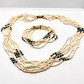 Vintage 80s Multi Strand Rice Pearl Malachite Necklace Bracelet Jewelry Set