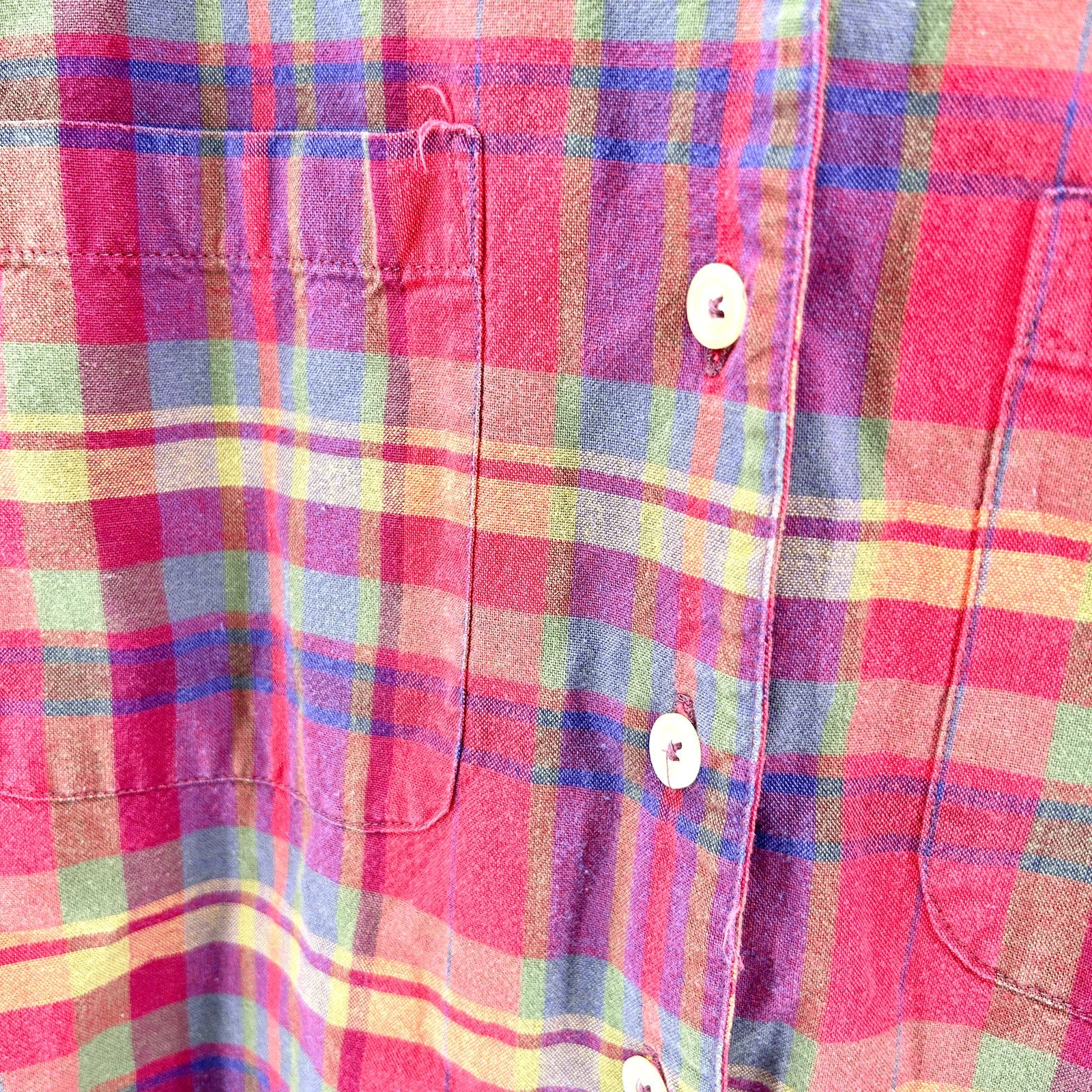 Vintage 90s Eddie Bauer Red Purple Plaid 100% Cotton Camp Shirt