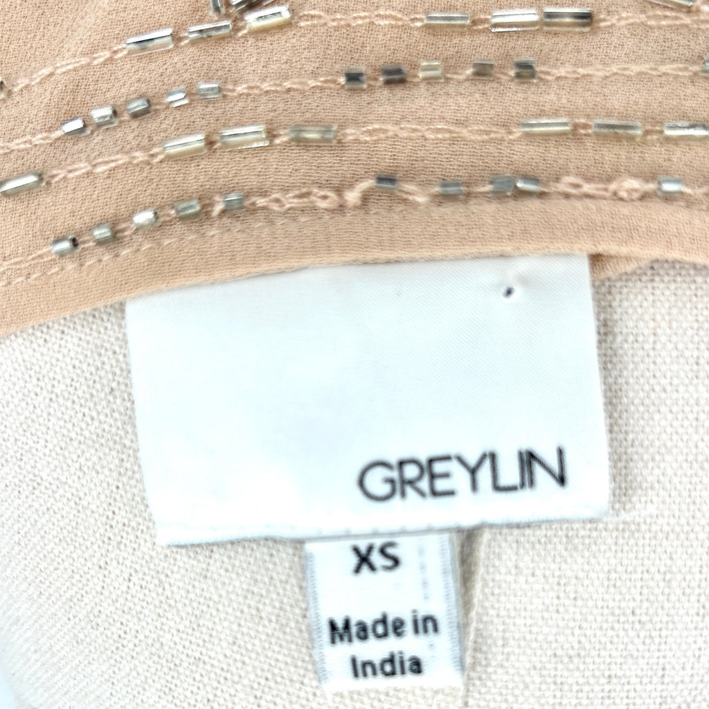 Greylin Nude Champagne Silver Bugle Bead Embellished Cocktail Jacket