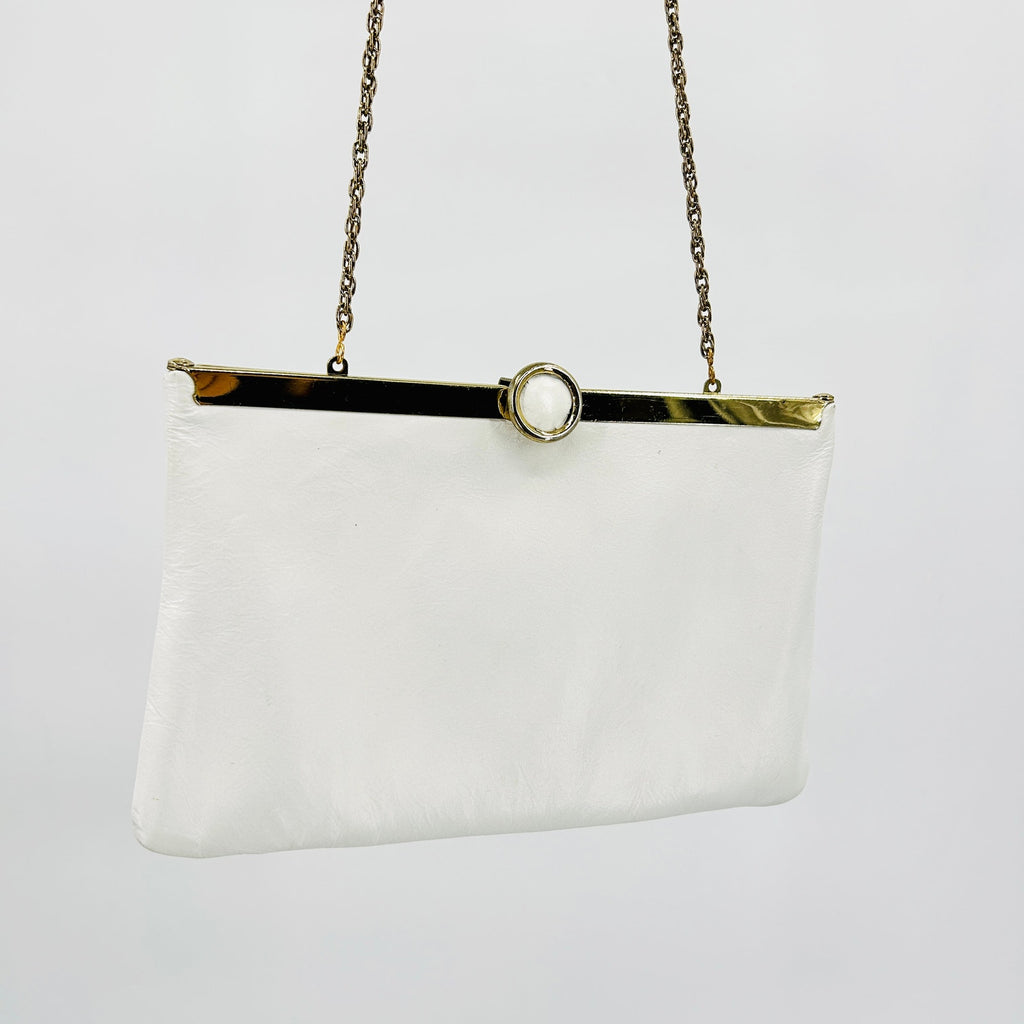 Vintage 80s White Leather Gold Frame Clutch Shoulder Bag Chain Strap