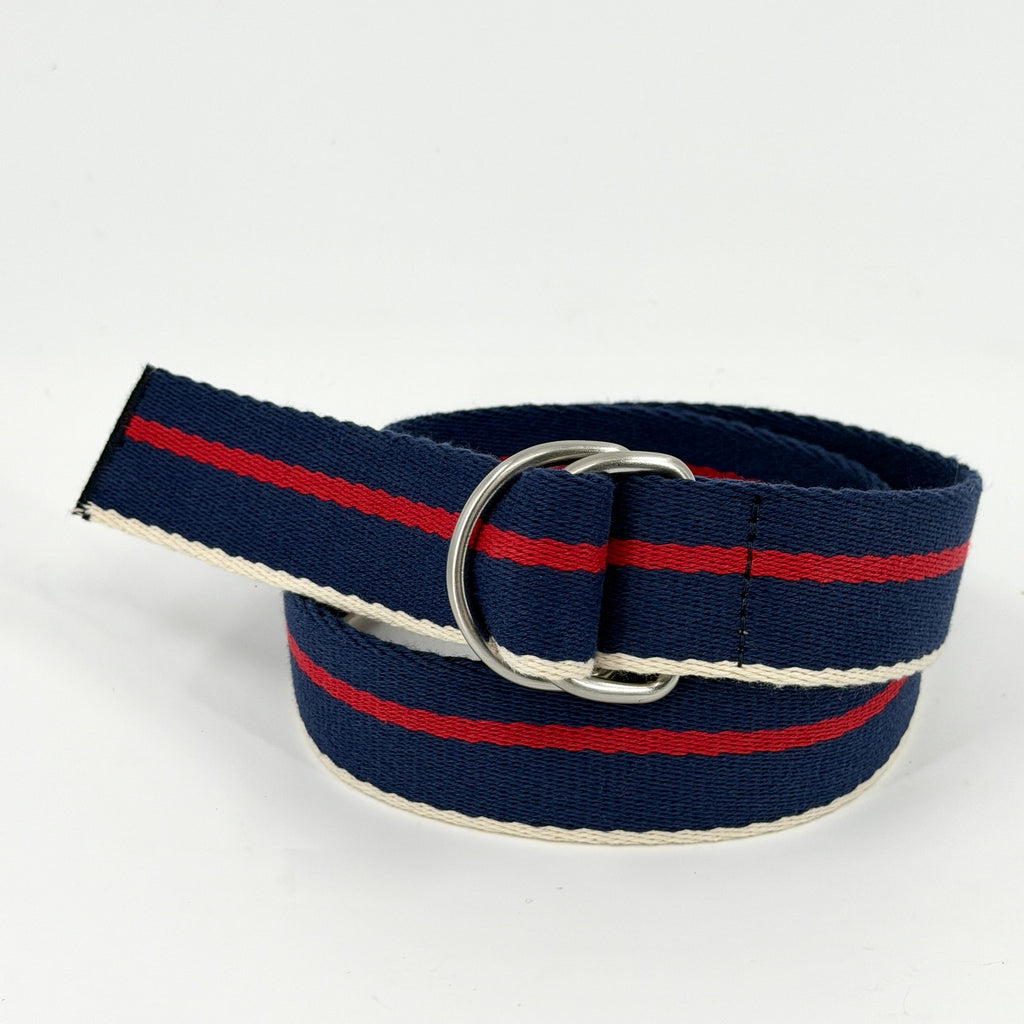 Navy Blue Red Striped Woven Nautical Preppy D-Ring Belt