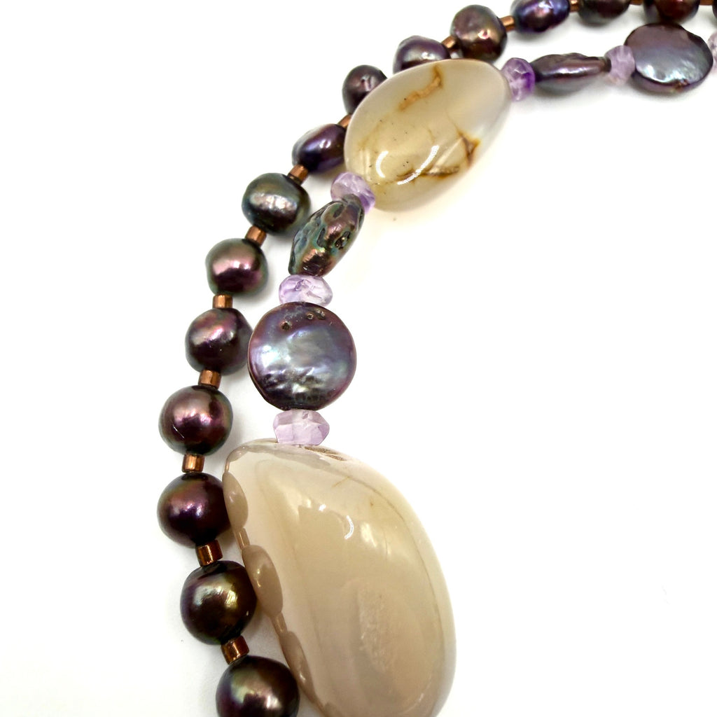 Vintage 90s Sterling Silver Agate Pearl Multi Strand Statement Necklace