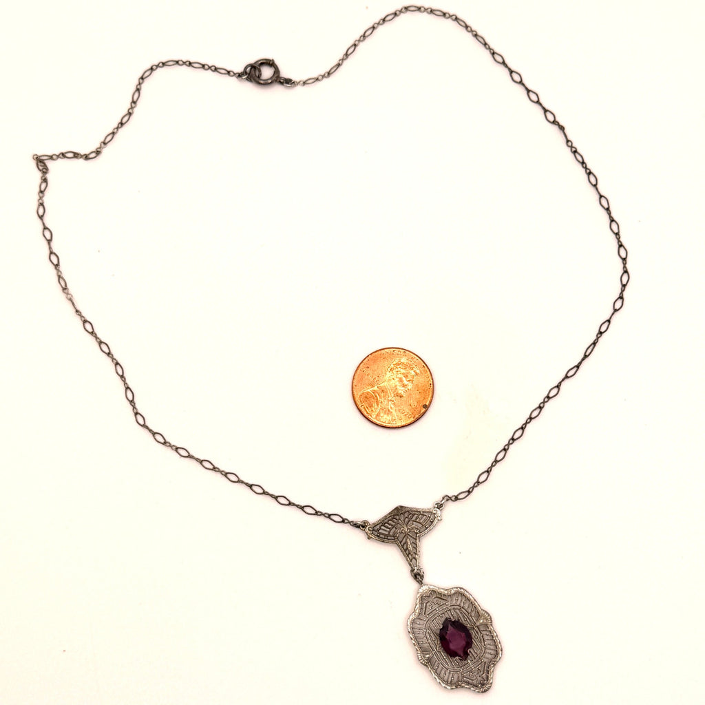 Vintage 20s Art Deco Purple Amethyst Filigree Silver Tone Lavalier Necklace