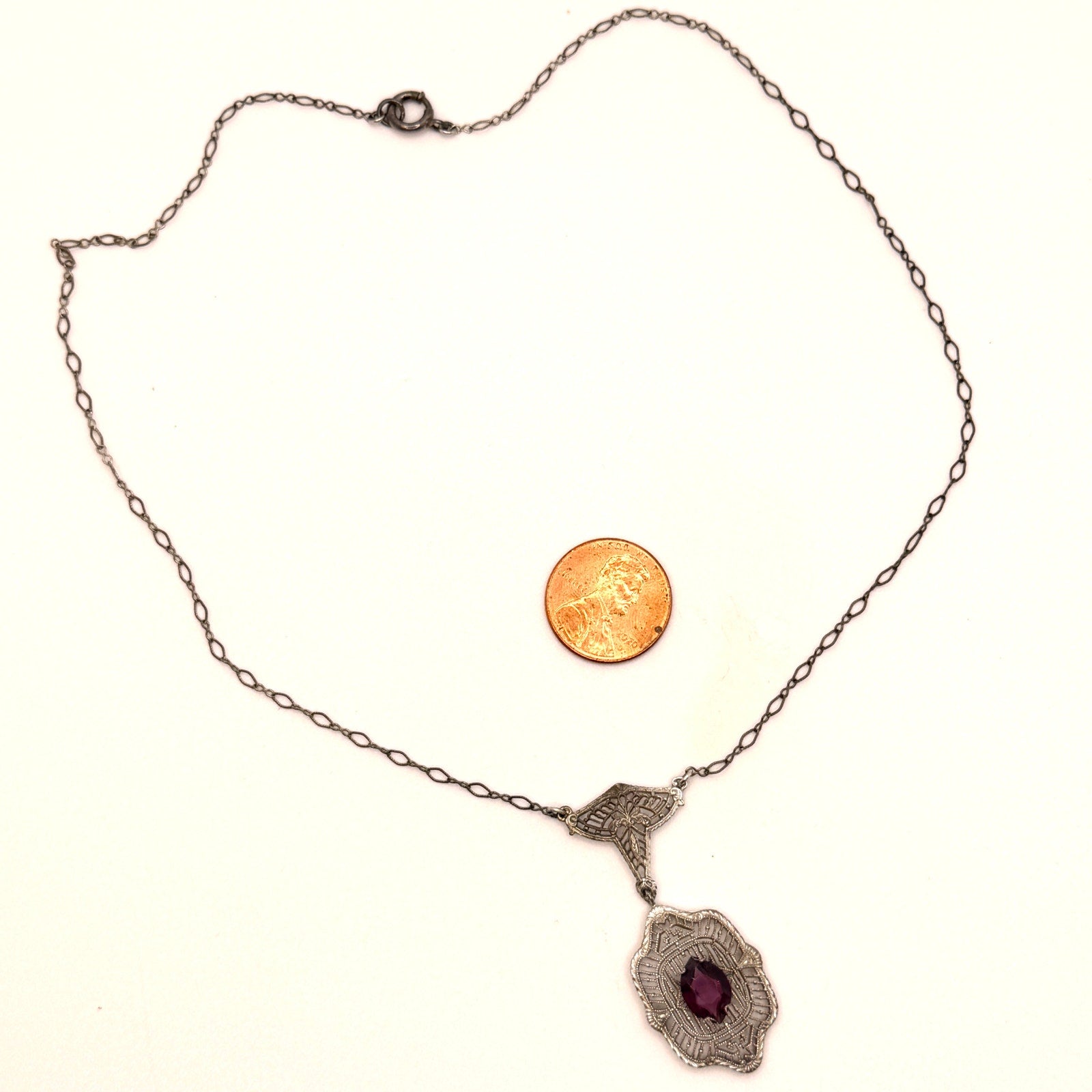 Vintage 20s Art Deco Purple Amethyst Filigree Silver Tone Lavalier Necklace