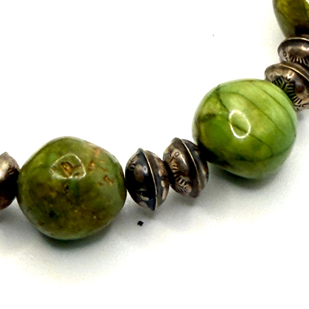 Vintage 90s Southwestern Green Gaspeite Stamped Silver Chunky Toggle Bracelet