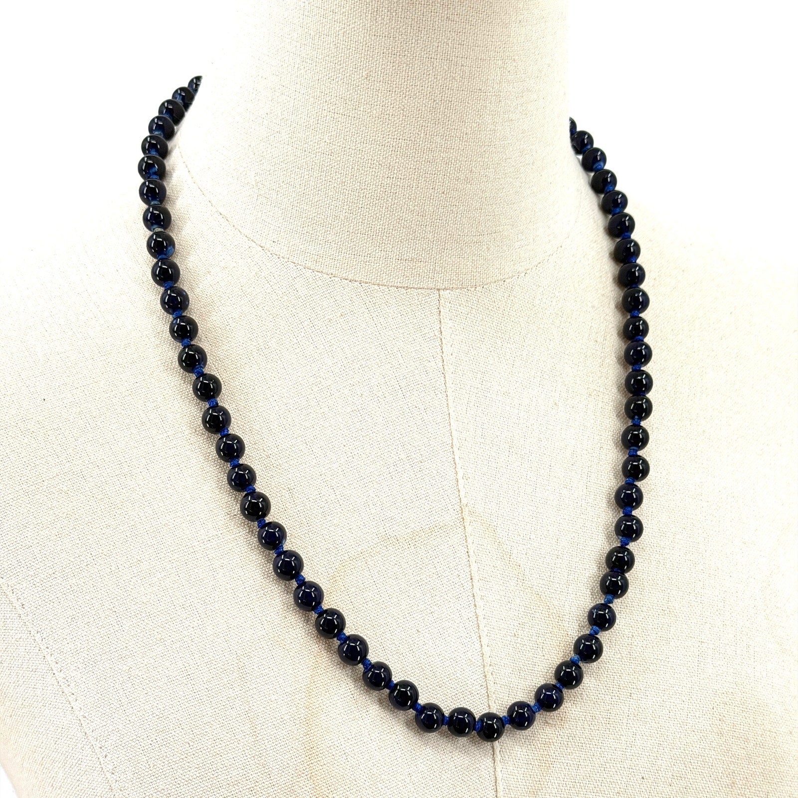 Vintage Cobalt Blue Glass Knotted Bead Barrel Clasp Necklace