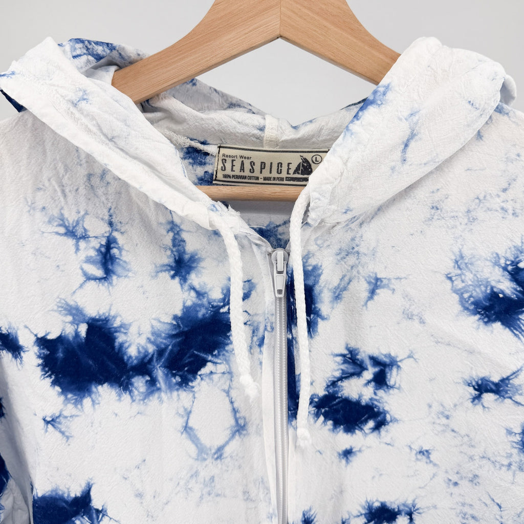 Seaspice Blue White Tie Dye 100% Cotton Hooded Zip Up Windbreaker Jacket