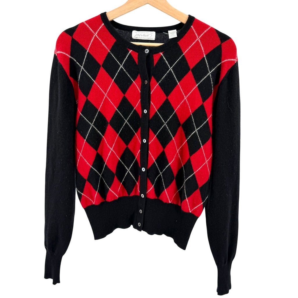 Vintage 90s Lord & Taylor Black Red Argyle 100% Cashmere Cardigan Sweater