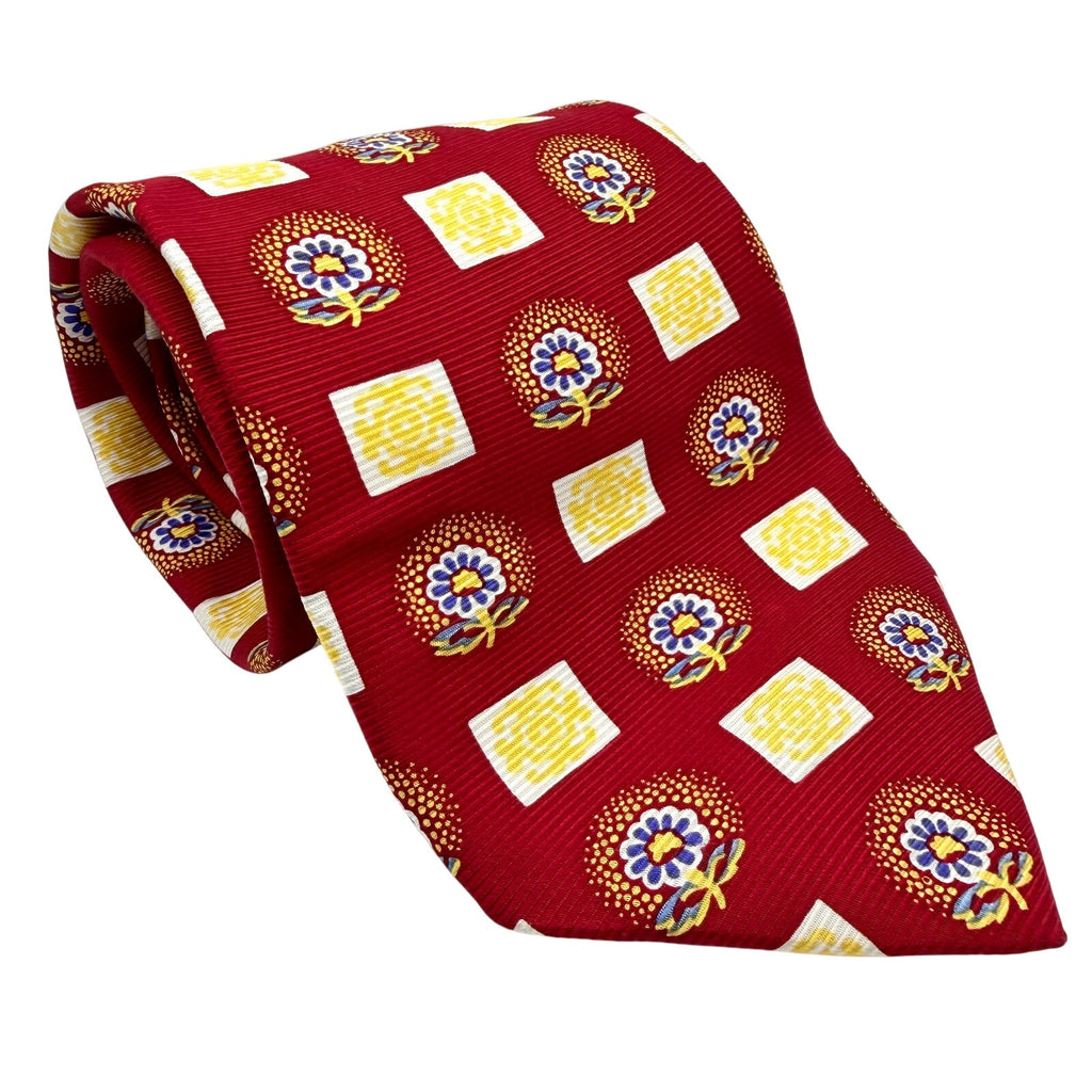 Vintage 90s Balenciaga Silk Red Yellow Floral Medallion Necktie