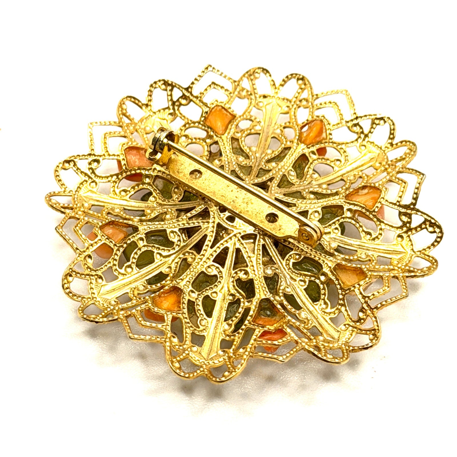 Vintage 70s Gold Filigree Green Peridot Pink Coral Carved Rose Floral Brooch