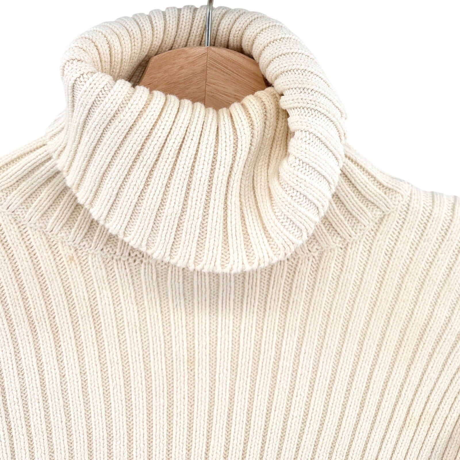 Vintage Y2K Ann Taylor Cream 100% Cotton Ribbed Crop Top Turtleneck Sweater