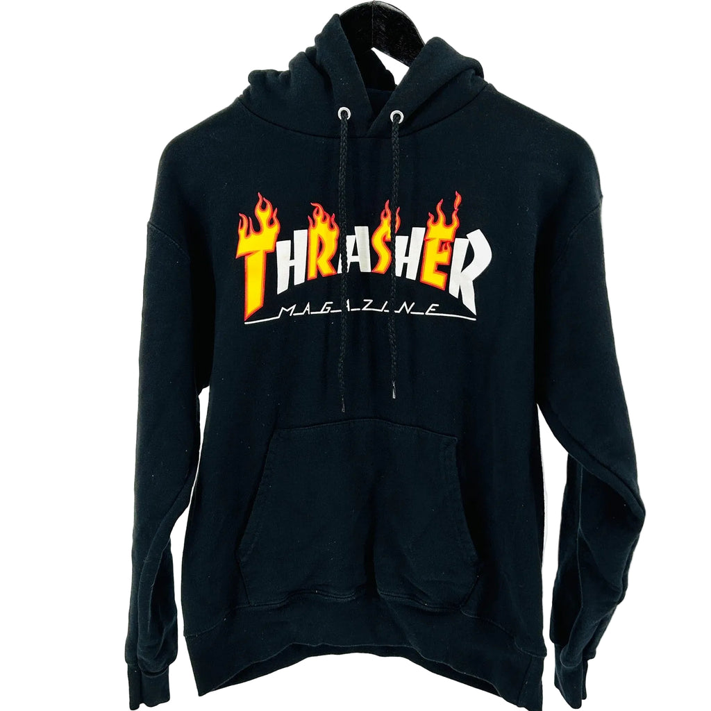 Black hoodie with 'Thrasher Magazine' logo on a white background