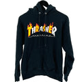 Black hoodie with 'Thrasher Magazine' logo on a white background