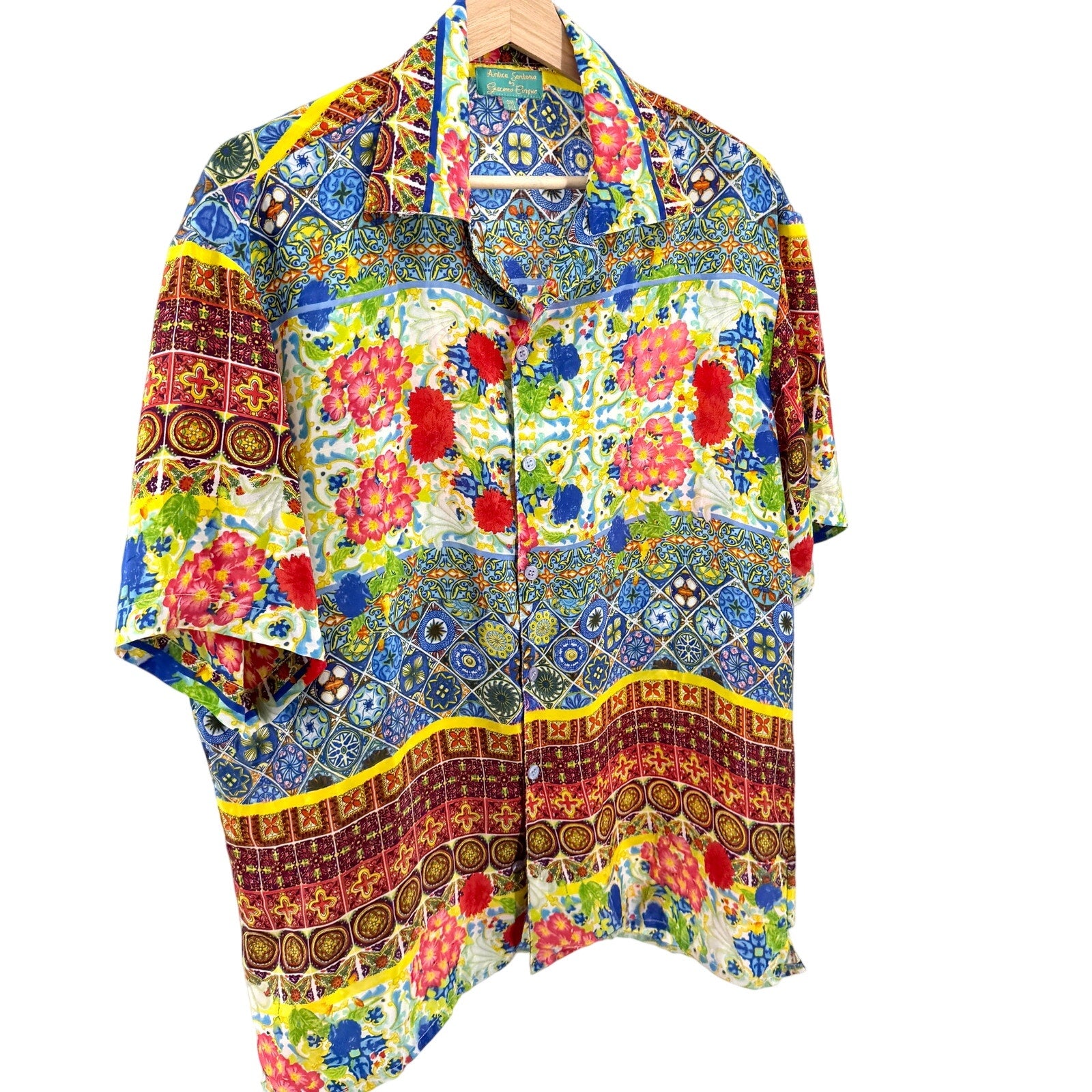 Antica Sartoria Multicolor Tile Floral Resort Button Down Short Sleeve Shirt