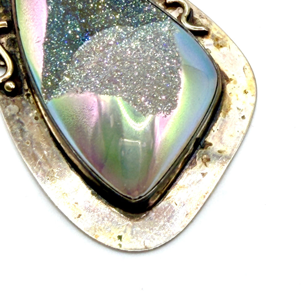 Vintage 90s Signed Rainbow Iridescent Sterling Silver Aura Druzy Quartz Pendant