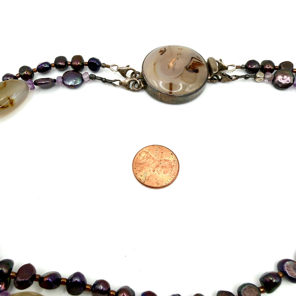 Vintage 90s Sterling Silver Agate Pearl Multi Strand Statement Necklace