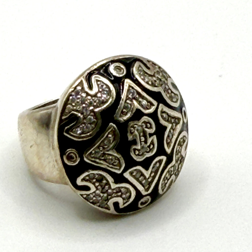Vintage 90s Signed Black Enamel Rhinestone Sterling Silver Dome Cocktail Ring