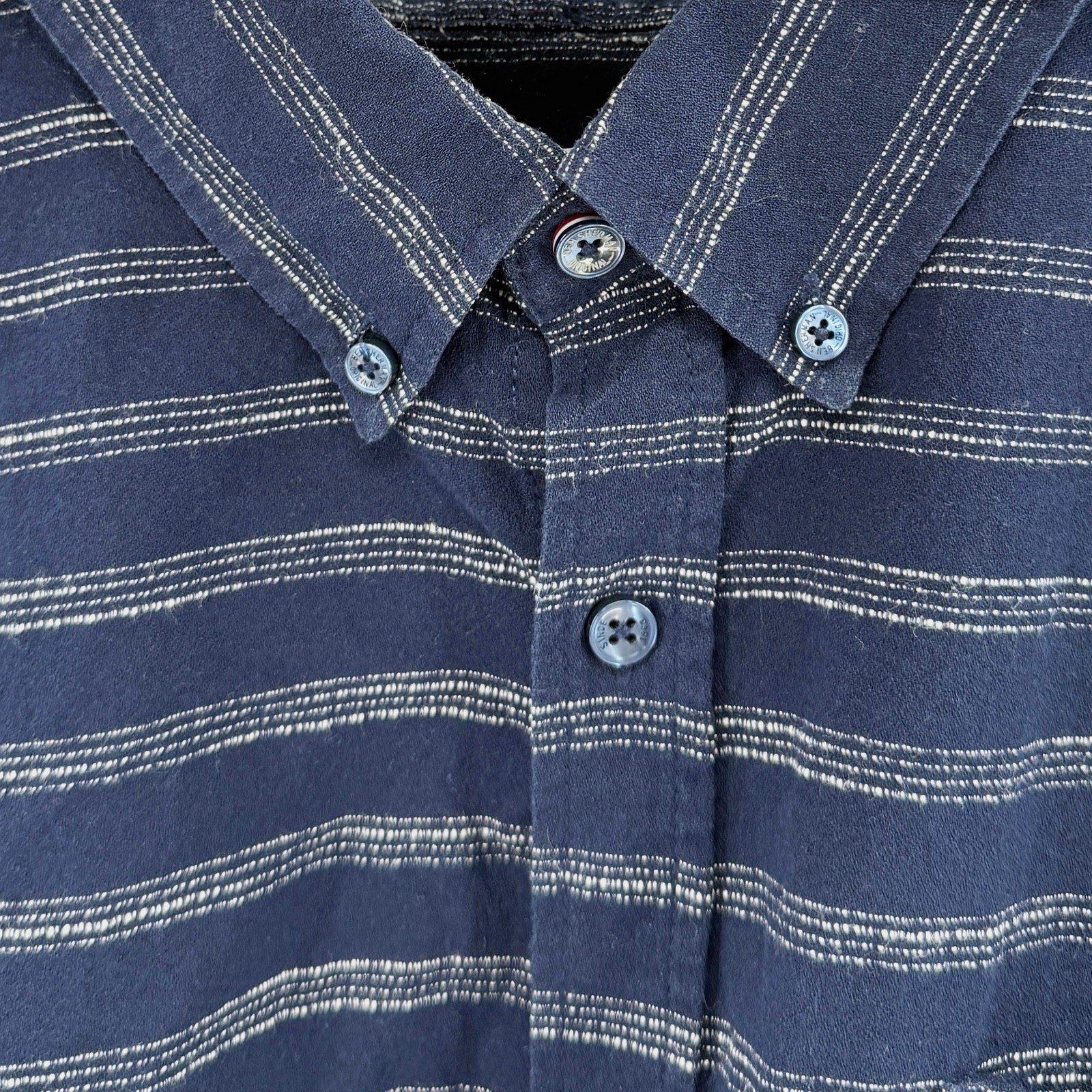 Ben Sherman Navy Blue White Stripe 100% Cotton Short Sleeve Button Down Shirt
