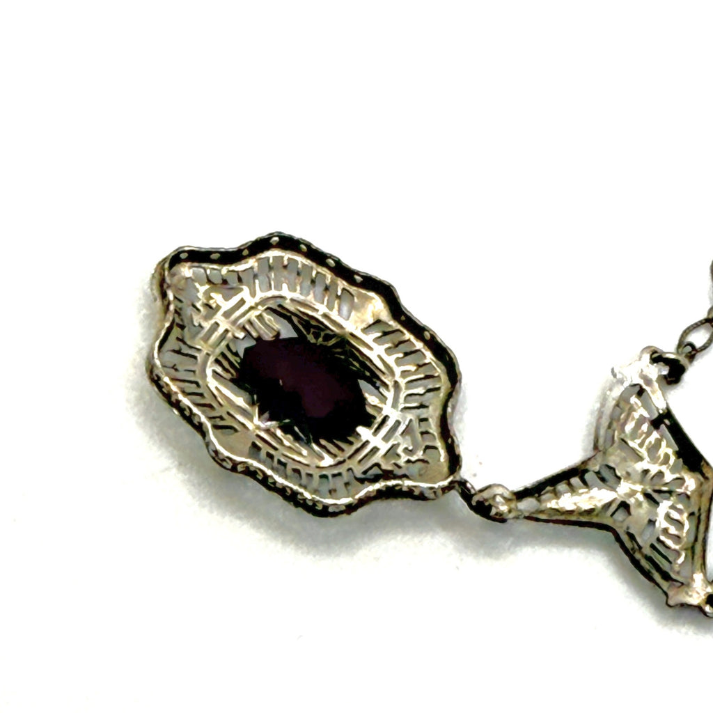 Vintage 20s Art Deco Purple Amethyst Filigree Silver Tone Lavalier Necklace