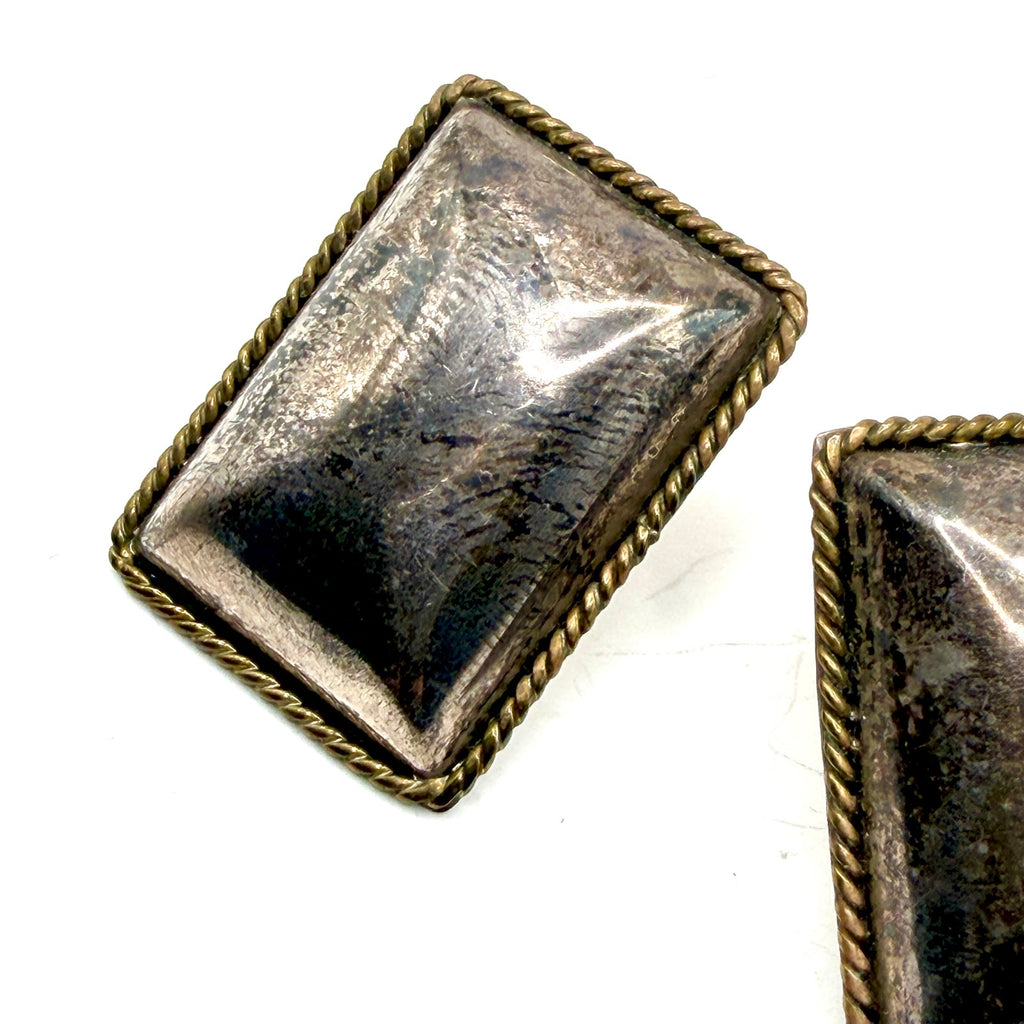 Vintage 90s Stamped Mexico 925 Sterling Silver Brass Rope Trim Post Earrings