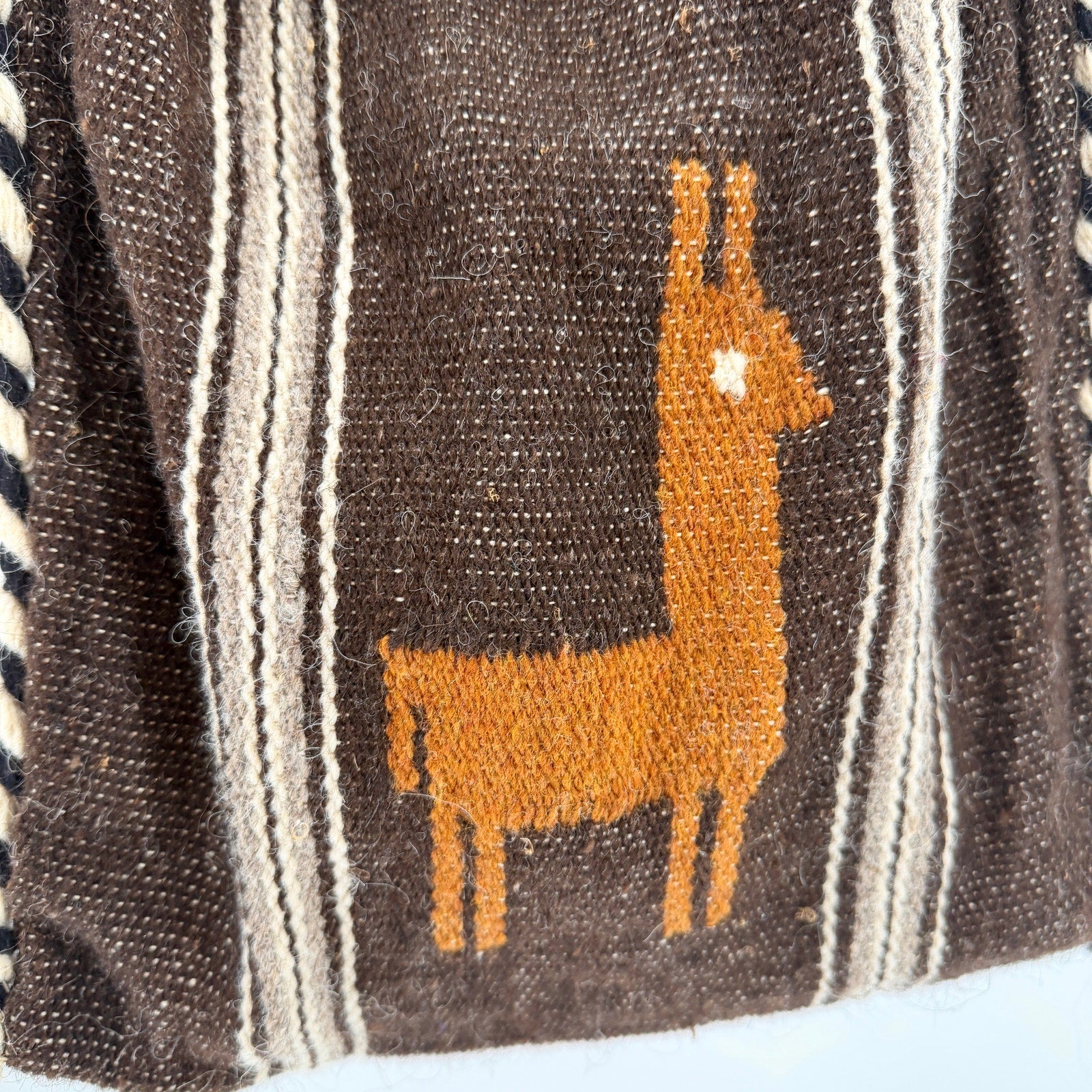 Vintage 90s Peruvian Brown Wool Woven Llama Motif Shoulder Bag