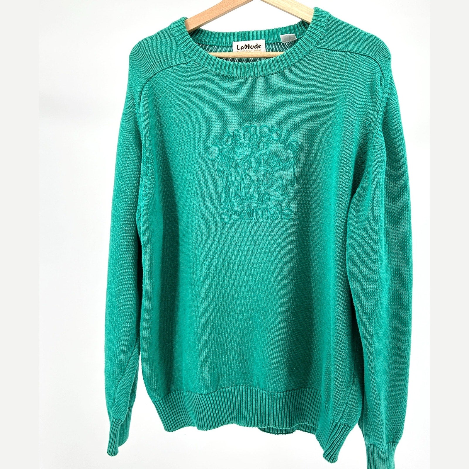 Vintage 80s LaMode Jade Green 100% Cotton Embroidered Golf Tournament Sweater