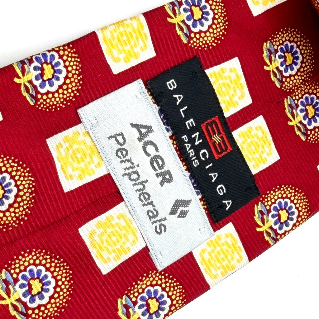 Vintage 90s Balenciaga Silk Red Yellow Floral Medallion Necktie