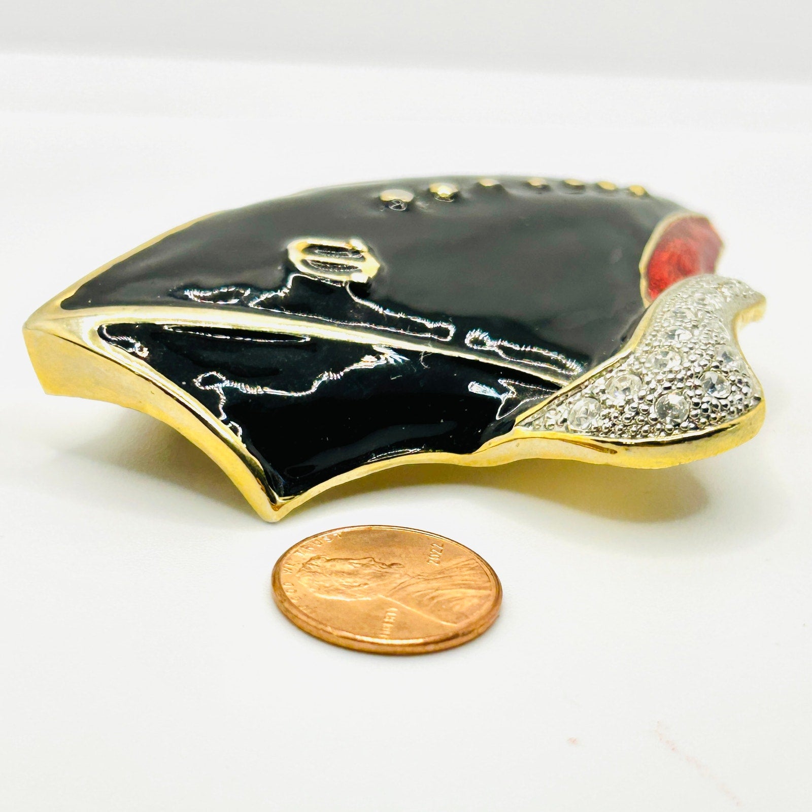 Vintage 80s/90s Gold Enamel Black Red Nautical Rhinestone Cruise Ship Brooch Pin