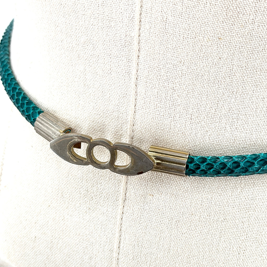 Vintage 90s Green Teal Genuine Snakeskin Super Skinny Belt