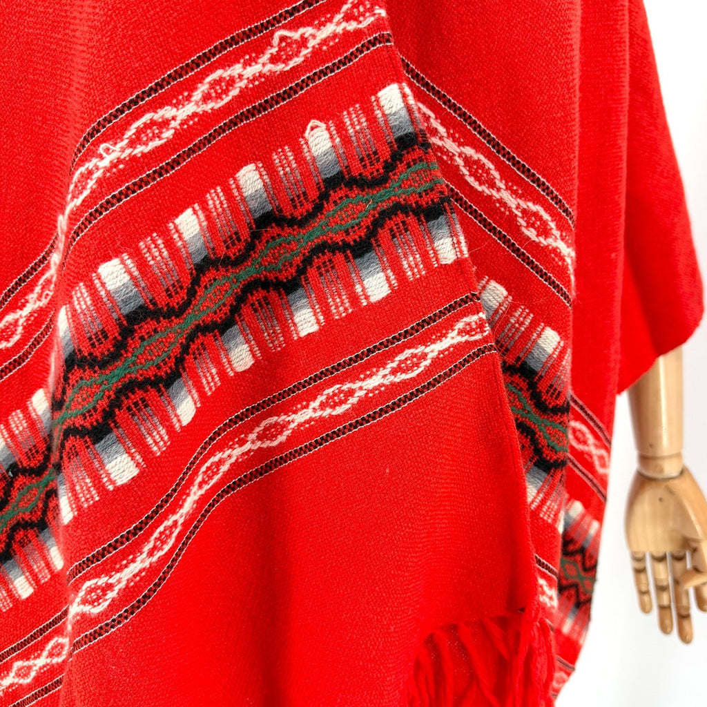 Vintage 70s South American Woven Red Fringe Poncho Ruana Cape