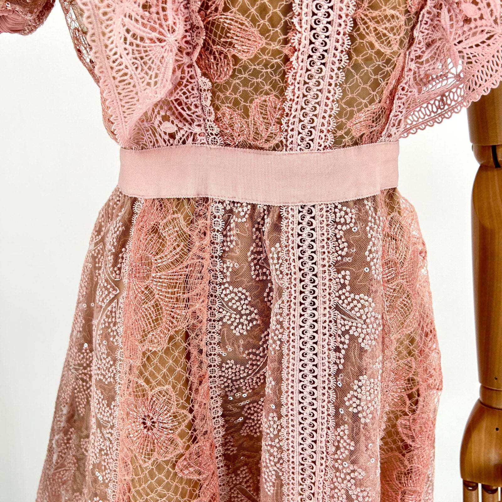 Self-Portrait Blush Pink Sequin Floral Lace Puff Sleeve Mini Dress