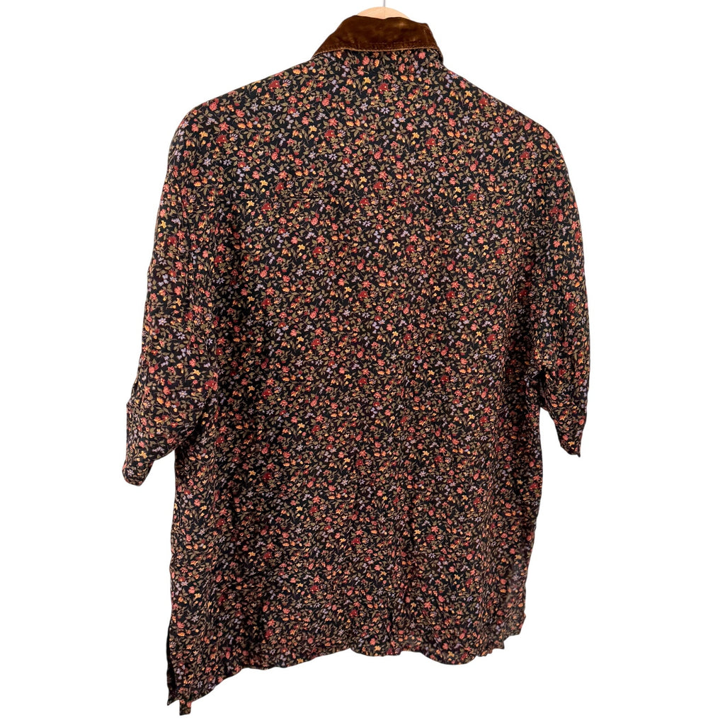 Vintage 80s Liza Lynn Black Floral Grunge Velvet Collar Button Down Blouse