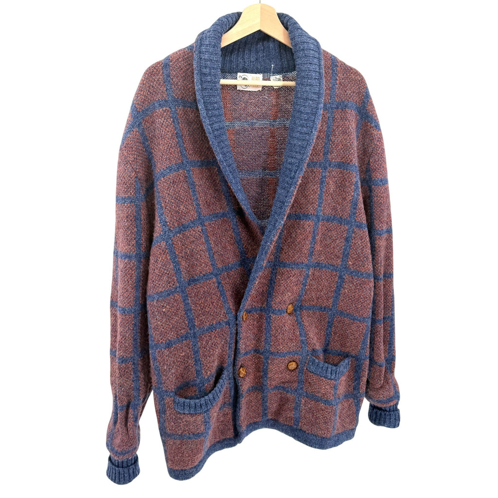 Vintage 80s Alan Flusser Blue Orange 100% Wool Plaid Double Breasted Cardigan