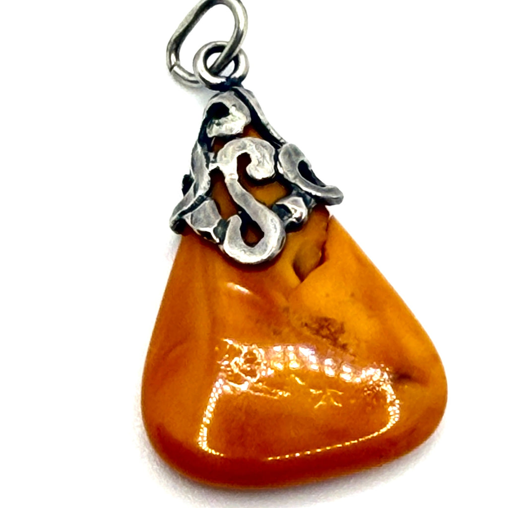 Vintage Orange Butterscotch Amber Sterling Silver Teardrop Pendant