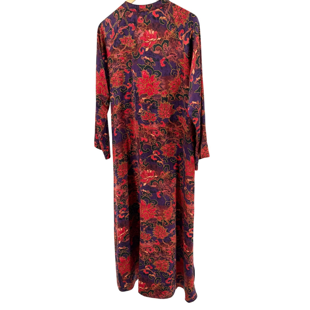 Vintage Y2K Natori Red Purple Asian Floral Half Zip Nightgown Kaftan