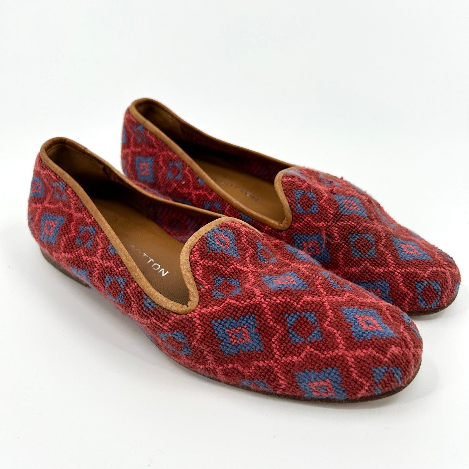 Vintage 90s Stubbs & Wootton Red Needlepoint Leather Loafer Slippers