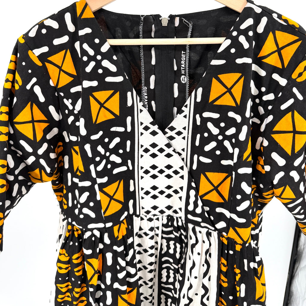 Vintage 90s Hitarget Black Orange Yellow 100% Cotton Batik A Line Dress