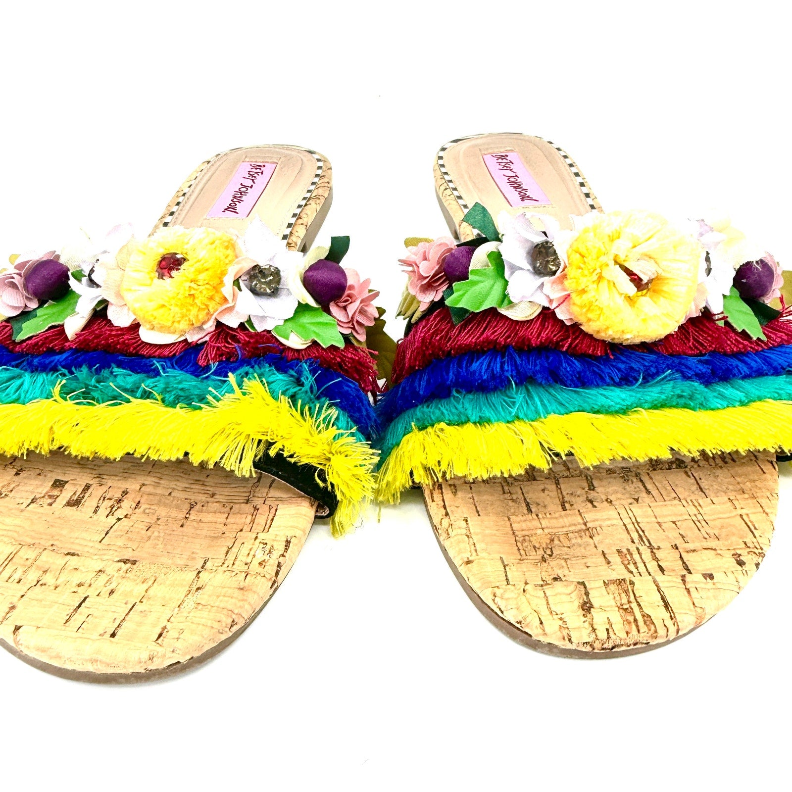 Betsey Johnson Multicolor Tropical Floral Fringe Slide Sandals