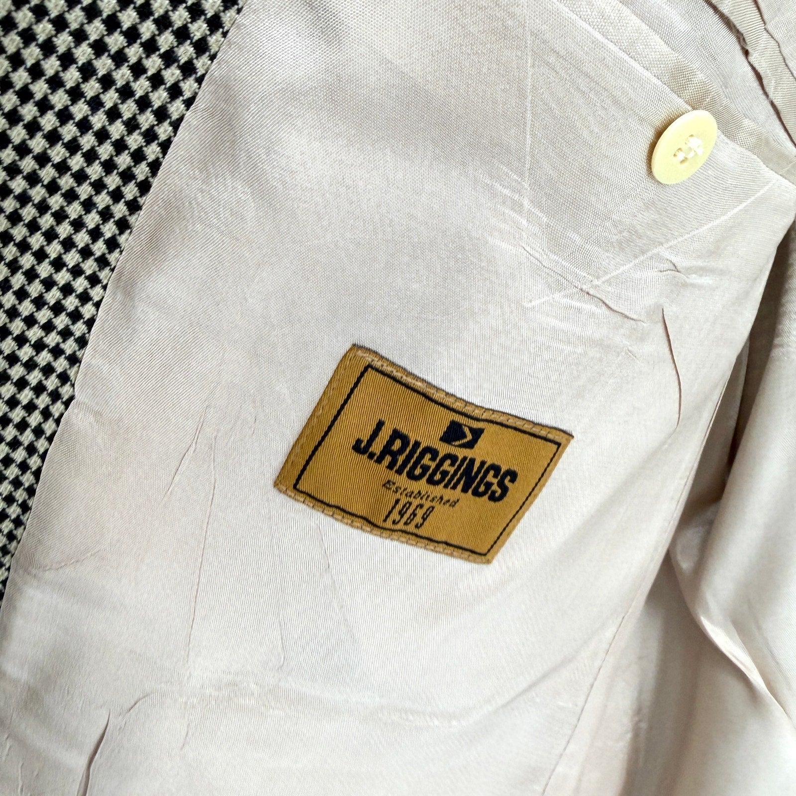 Vintage 90s J Riggins Beige Black Double Breasted Menswear Blazer Jacket
