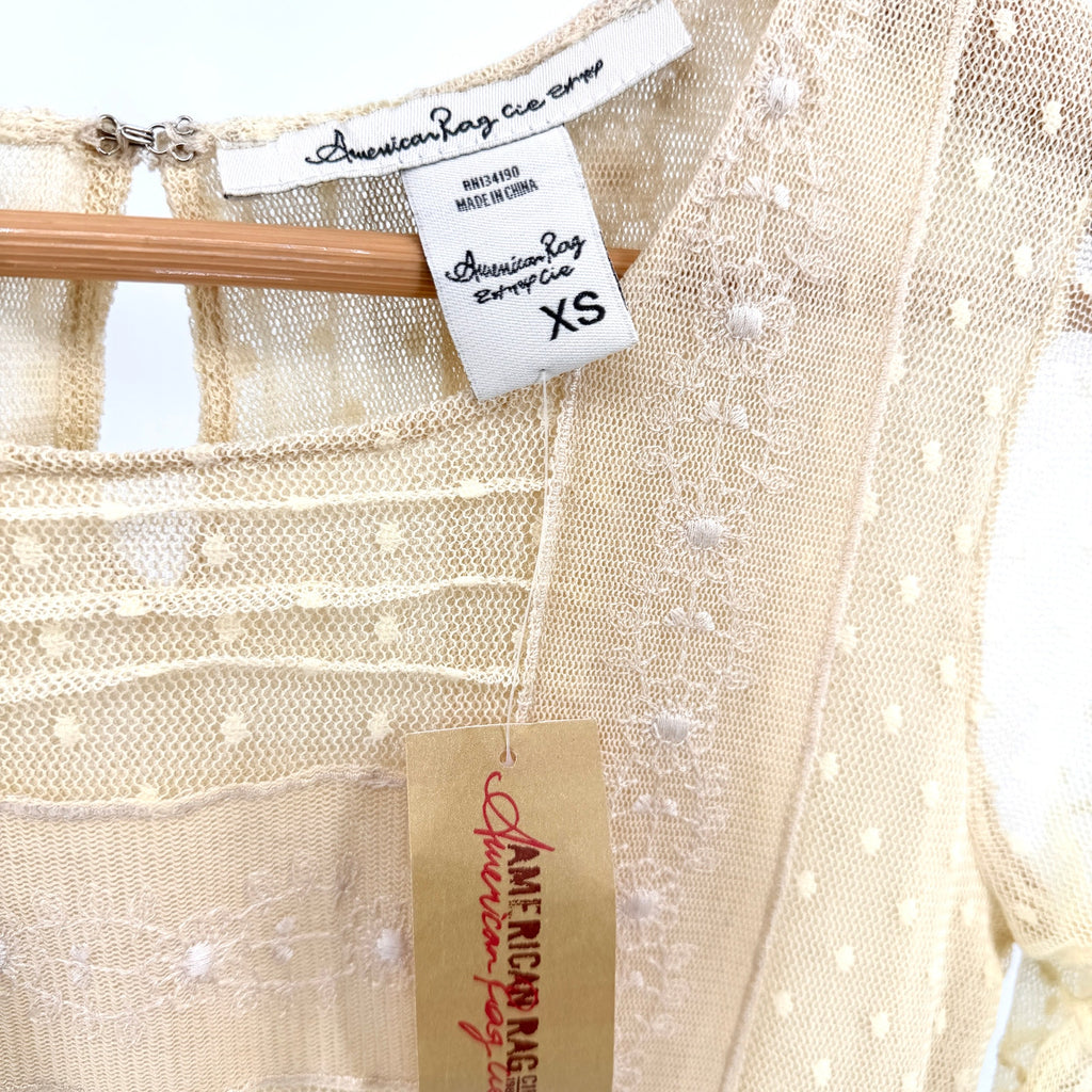 American Rag Cream Lace Pointelle Mesh Ruffle Blouse