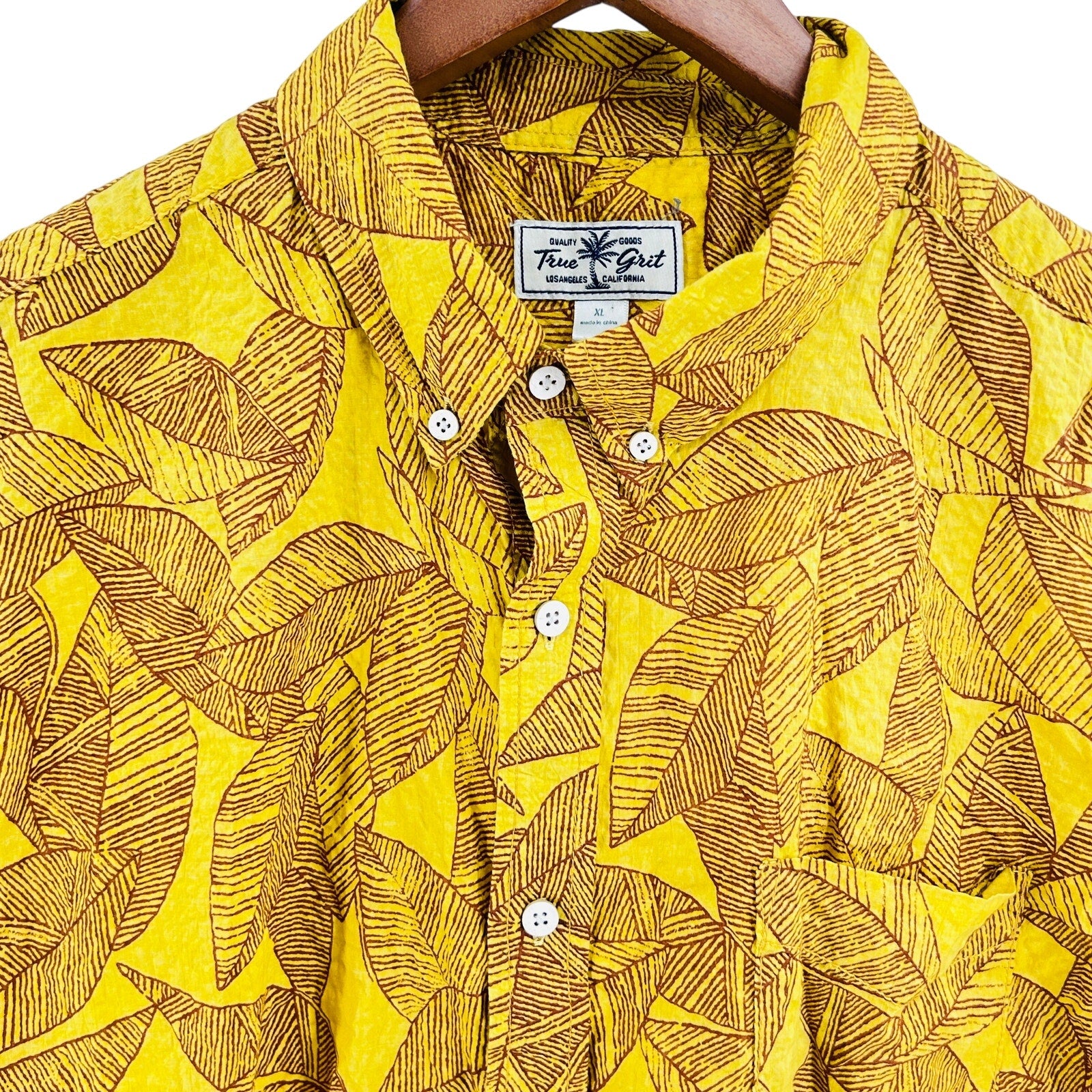 True Grit Yellow 100% Cotton Tropical Leaf Print Button-Up Shirt