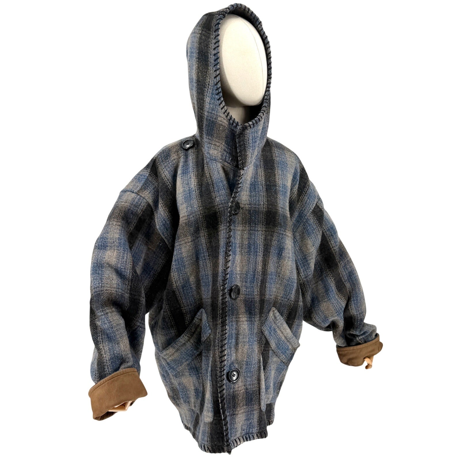 Vintage 90s Free Country Blue Gray Plaid Hooded Blanket Jacket