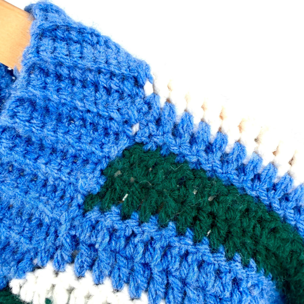 Vintage 90s Hand Knit Heavy Blue Green Striped Crochet Knit Crop Sweater