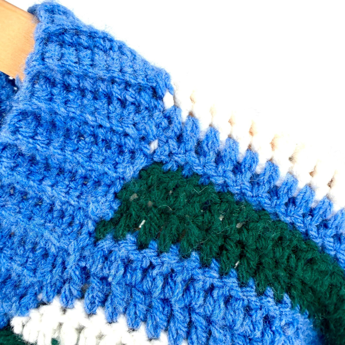 Vintage 90s Hand Knit Heavy Blue Green Striped Crochet Knit Crop Sweater
