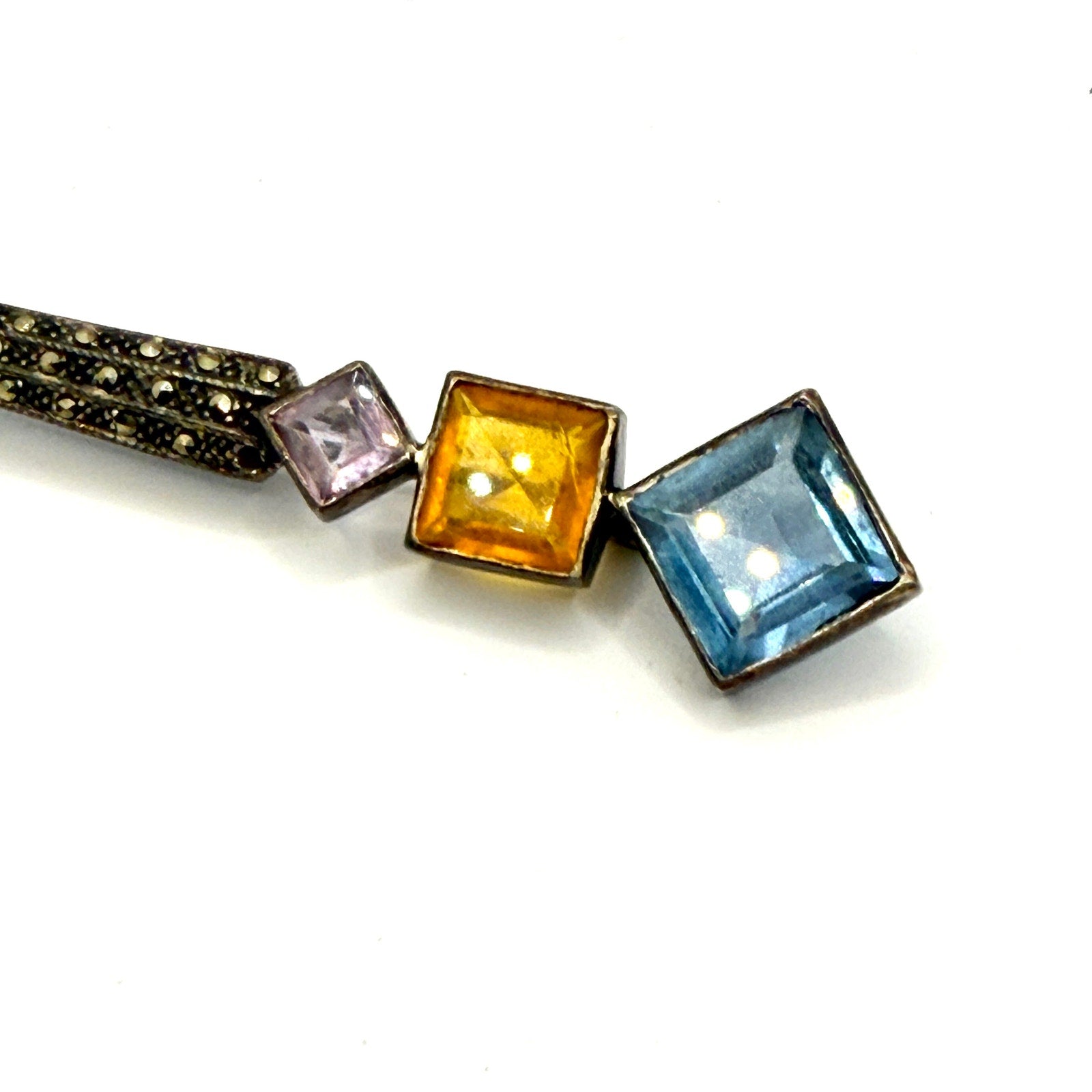 Vintage Art Deco Sterling Marcasite Multi Gemstone Geometric Bar Brooch Pin