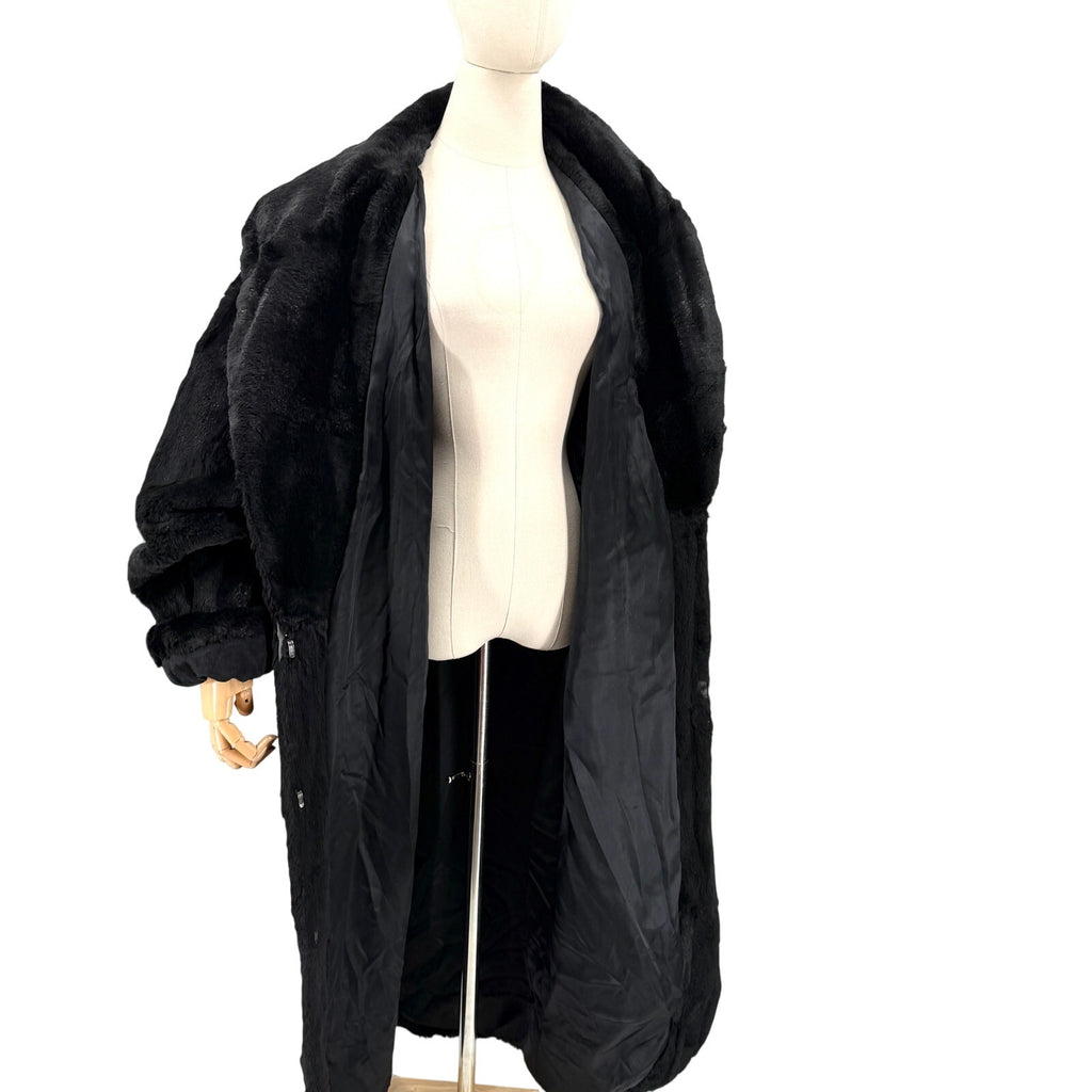 Vintage 90s Black Genuine Sheared Nutria Fur Long Duster Overcoat Jacket