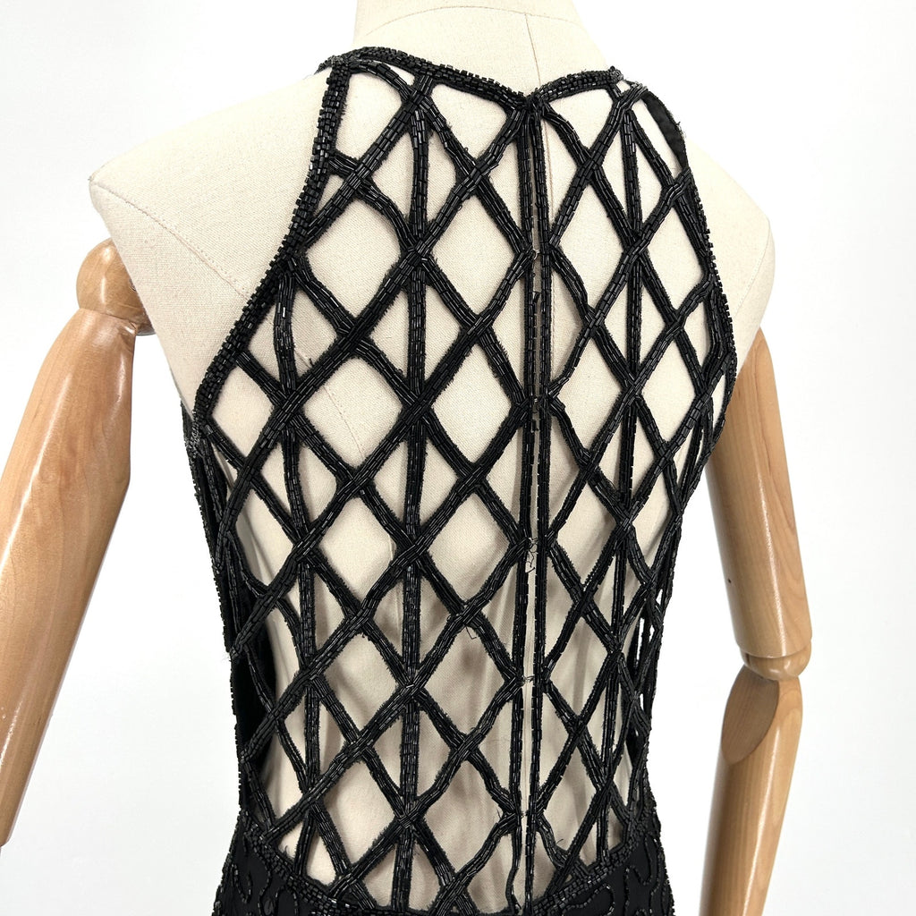Vintage 90s Scala Black 100% Pure Silk Beaded Lattice Back Gown